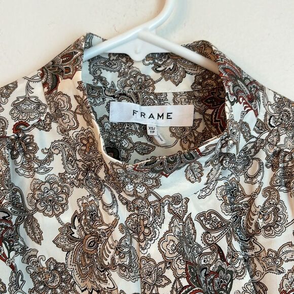 FRAME women 100% silk sleevless paisley button up mock neck top office size XS! - Picture 12 of 13